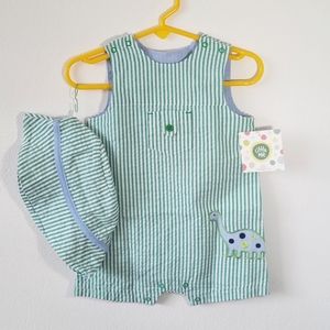 [NEW] 9M | Little Me | Dinosaur Green & White Stripes Sunsuit